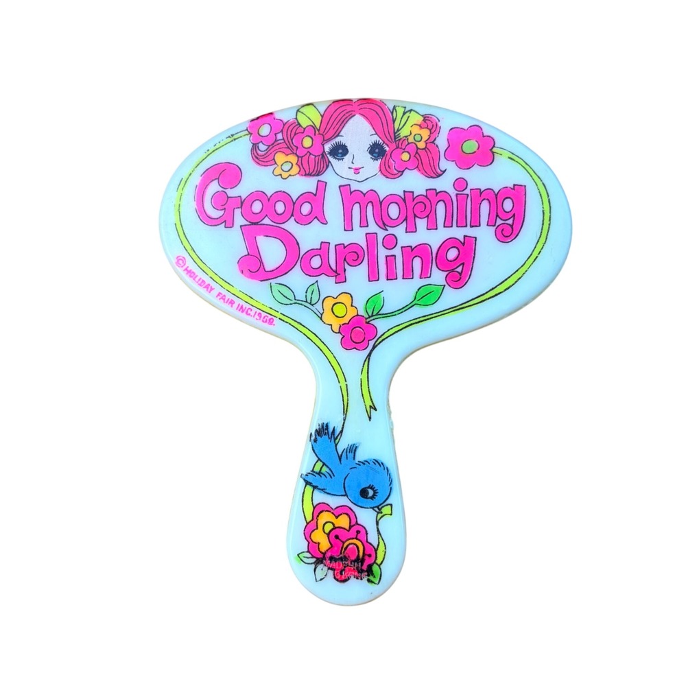 Vintage 1968 Holiday Fair Good Morning Darling Hand Mirror Mod Kitsch Hong Kong